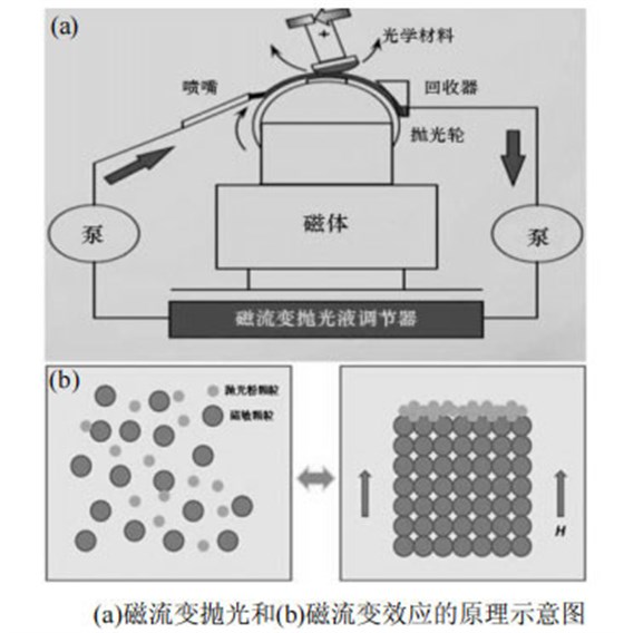 磁流變拋光和磁流變效應(yīng)的原理示意圖